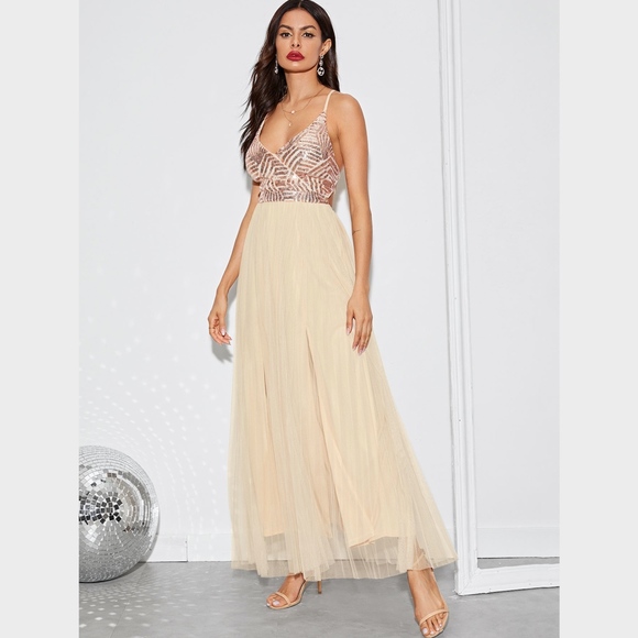 Sequin Detail Surplice V-Neck Mesh Slit Maxi Dress - Picture 2 of 8